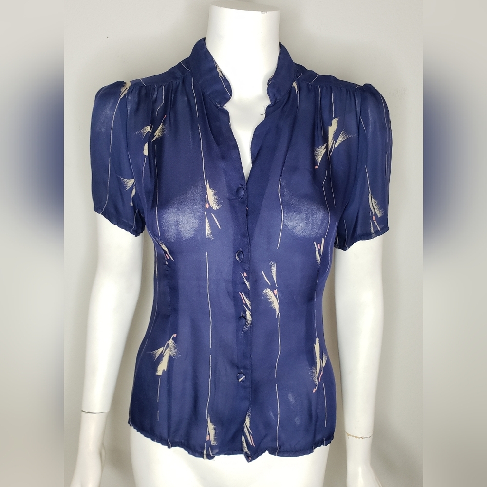 Vintage Jonathan Martin Blue Ruffled Puff Sleeve Blouse